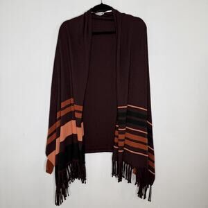 Smartwool Cardigan Sweater Womens L/XL Brown Striped Fringe Wrap Open Front